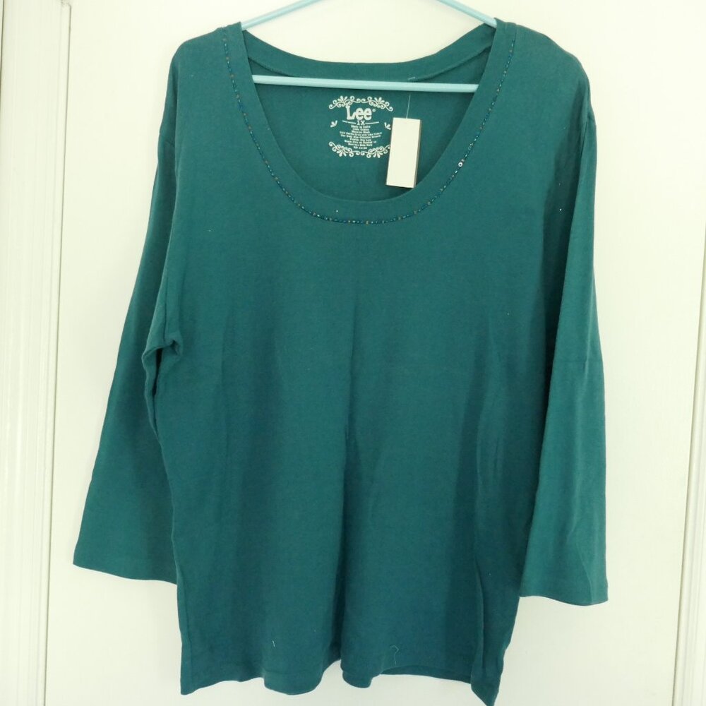 NWT Lee teal 3/4 sleeve scoop neck shirt with beading at neckline size 1X